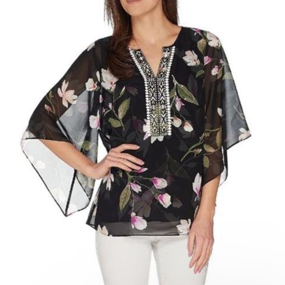 Belle by Kim Gravel boho floral blouse with embroidered yoke - sz 1x - flowy